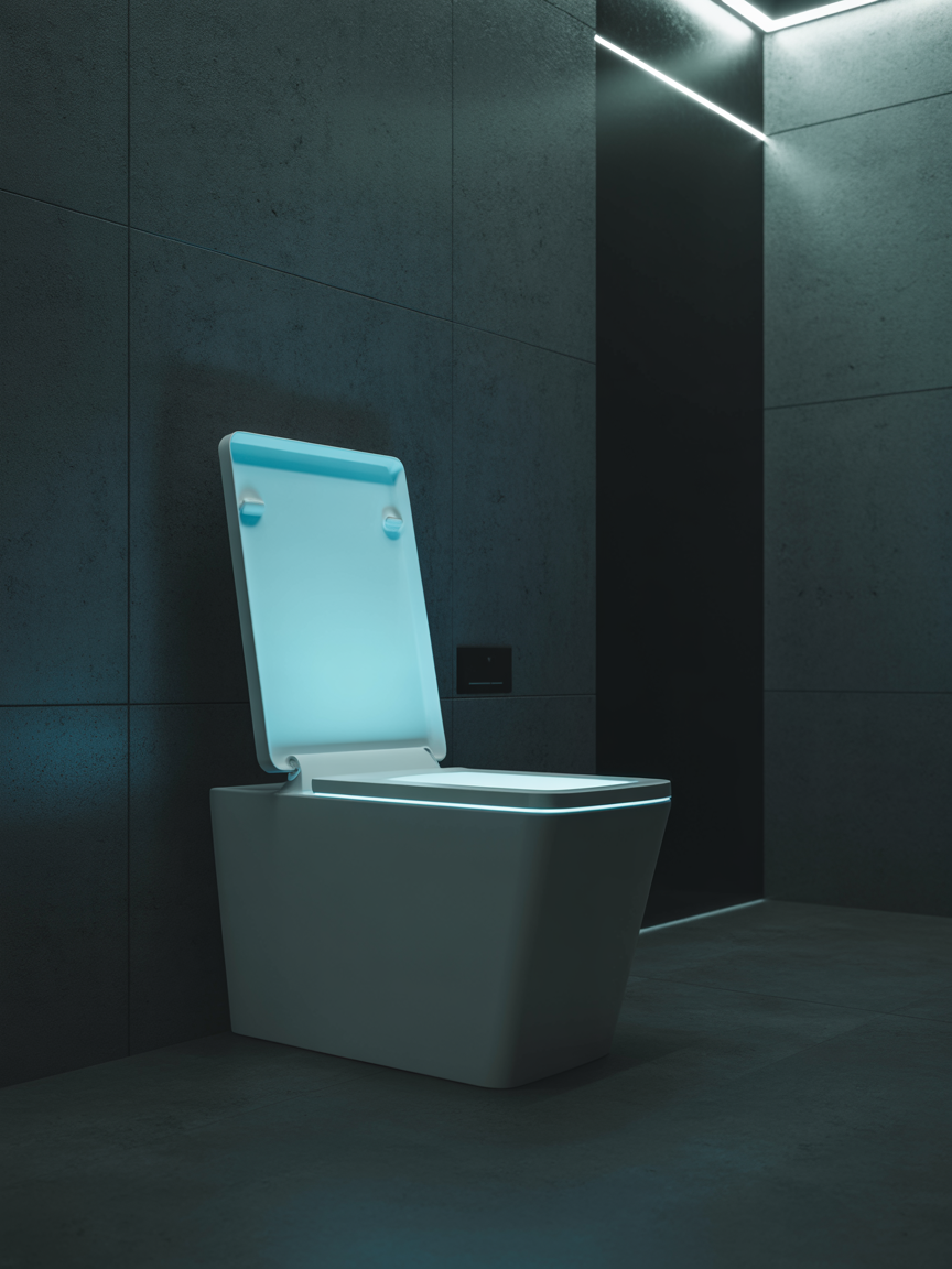 Keliss smart toilet with blue interior glow in dark minimalist bathroom