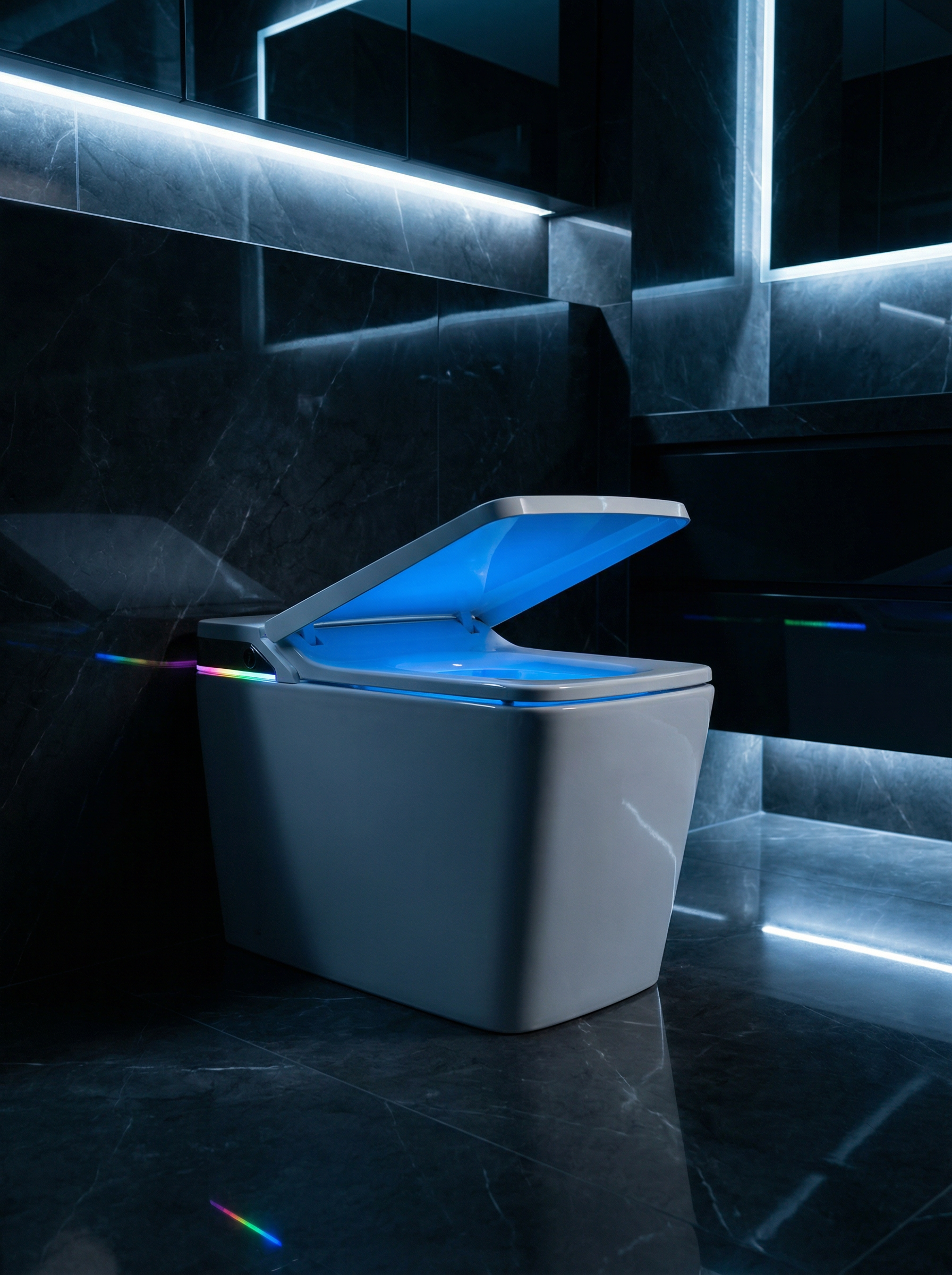 Keliss smart toilet with lid open showing bidet seat, cool blue-white studio lighting