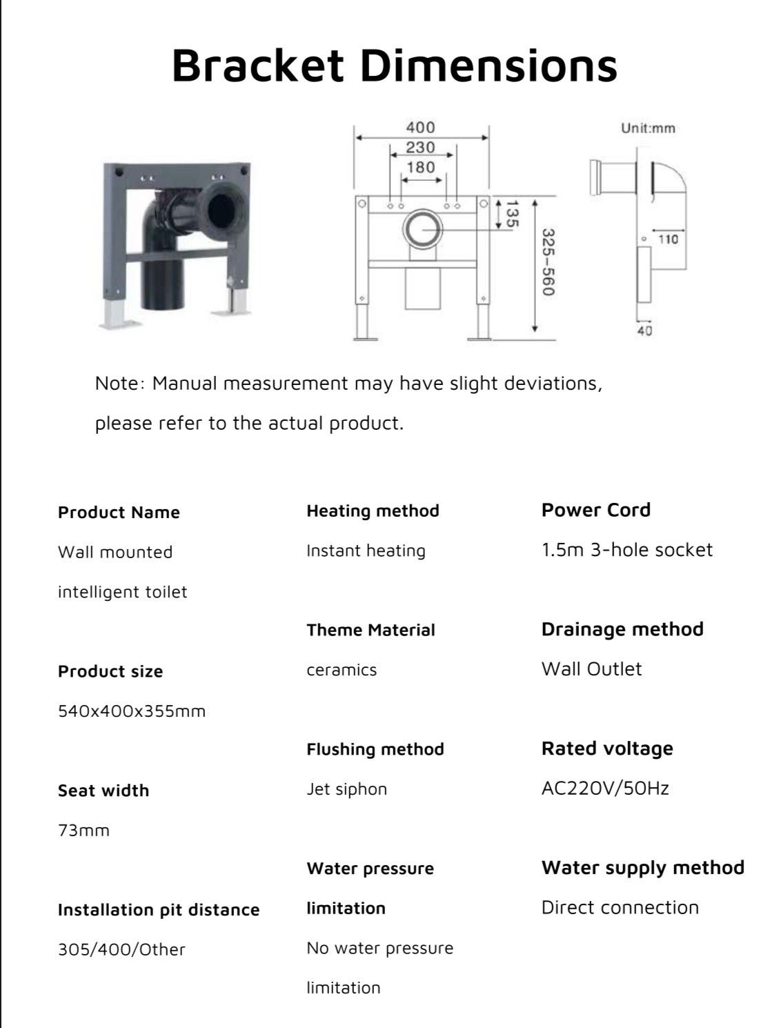 Sanova S005F bracket dimensions and specifications